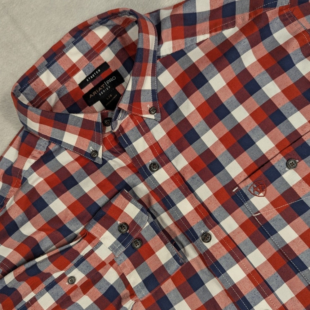 Ariat Pro Series Mens Large Stretch Gingham Plaid Button Down Shirt Red Blue